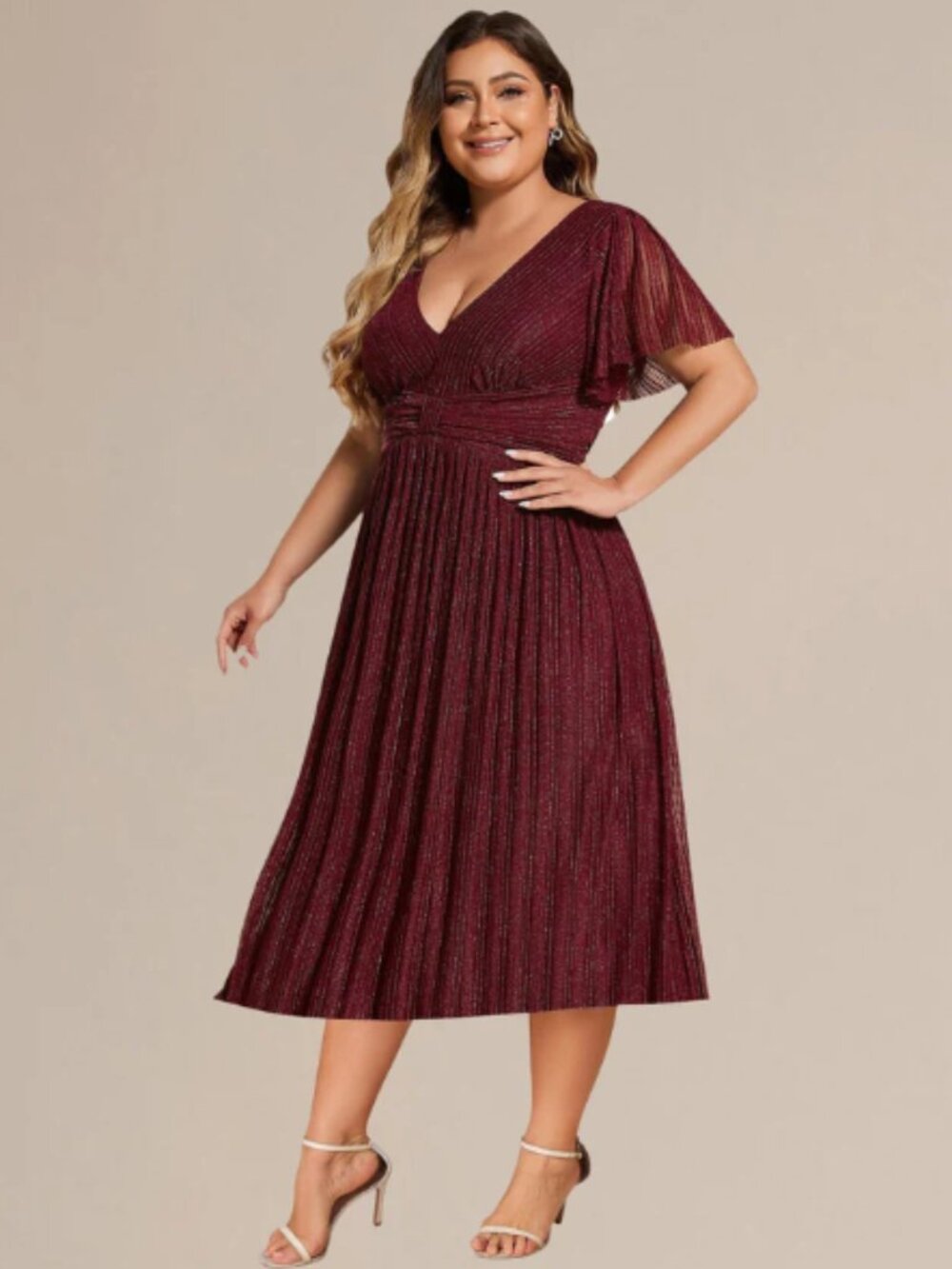 NWT - 🌟 Ever-Pretty Plus Size Shimmering Glitter Midi Dress - Burgundy